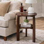 Round End Table, Solid Rubberwood 2-Tier Side Table with Open Storage Shelf, Small Accent Table for Living Room, Bedroom, Sofa Side and Small Spaces