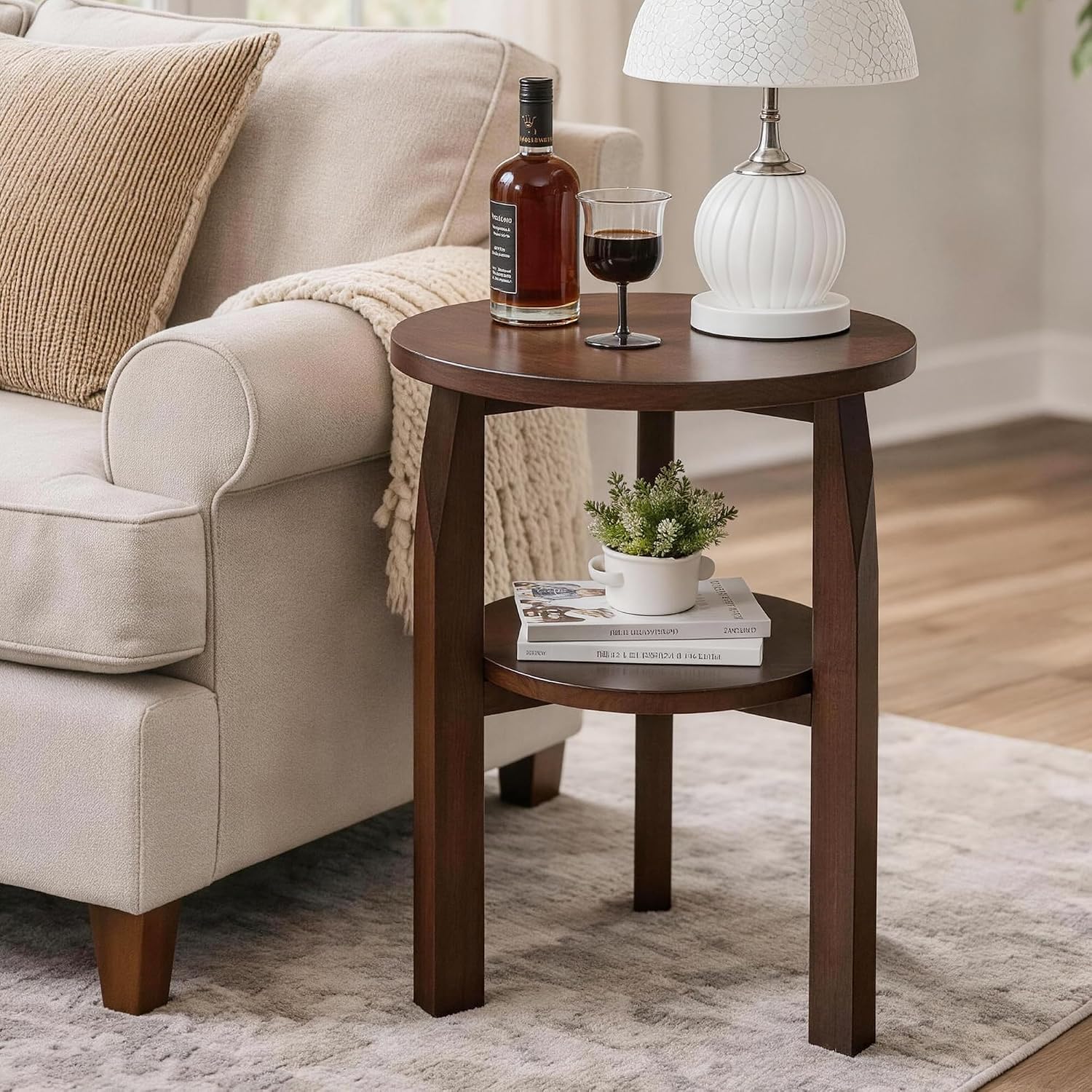 Round End Table, Solid Rubberwood 2-Tier Side Table with Open Storage Shelf, Small Accent Table for Living Room, Bedroom, Sofa Side and Small Spaces