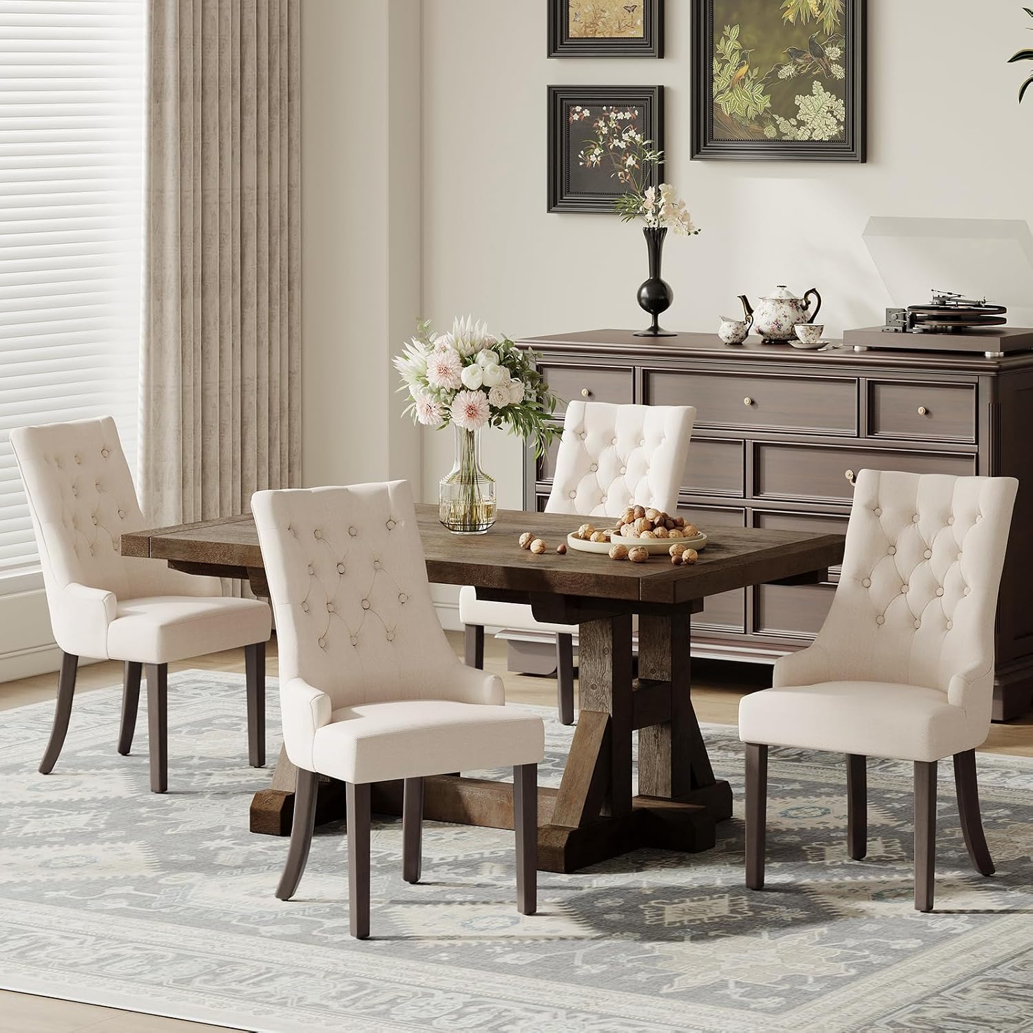 COLAMY Fabric Side Dining Chairs Set of 4, Wingback Upholstered Dining Room Chairs with Tufted Button, Living Room Chairs for Home Kitchen, Beige