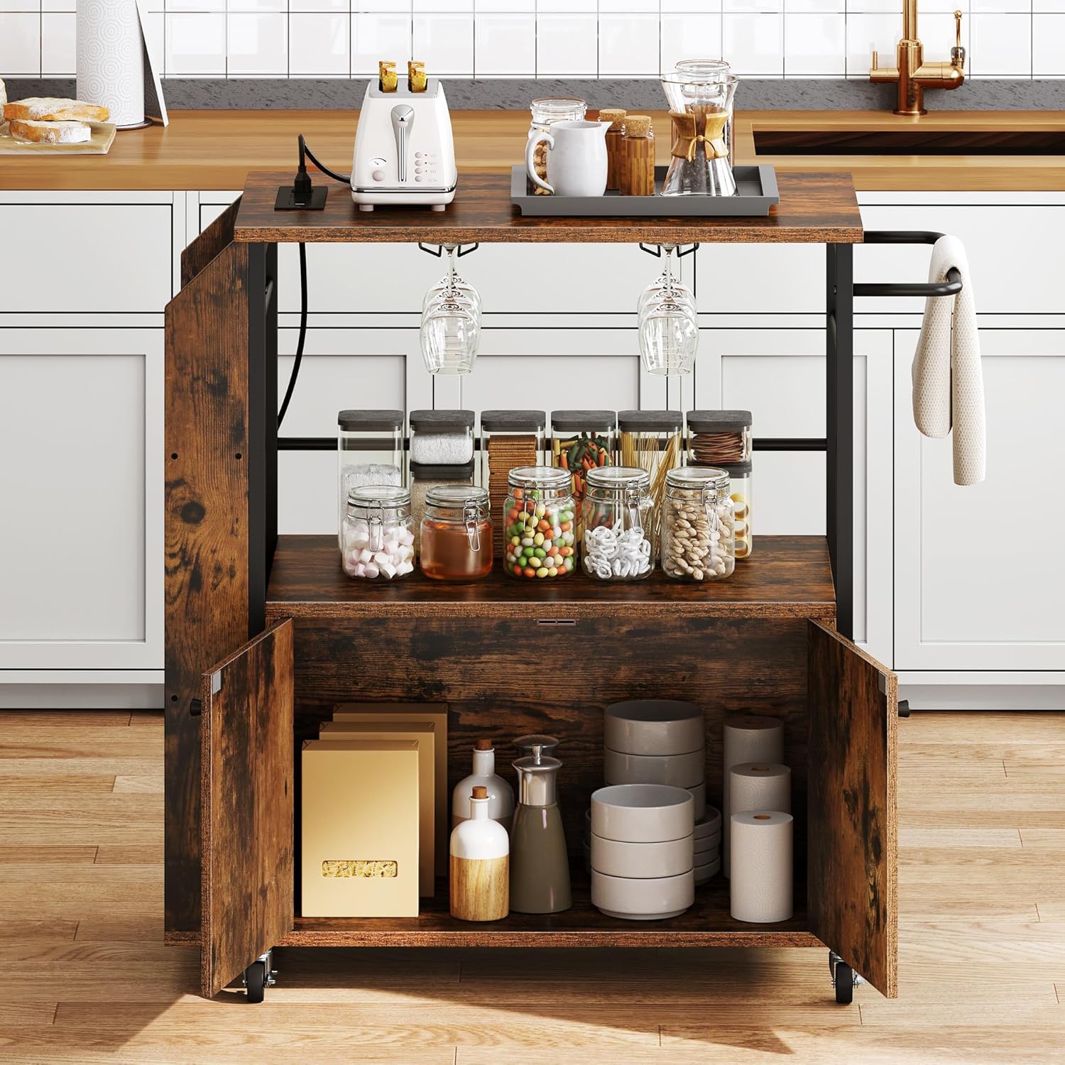 YITAHOME Kitchen Island Cart with Power Outlet, 36 Inch Mobile Kitchen Cart with Open Shelves, Rolling Portable Serving Utility Carts on Wheels with Storage for Kitchen, Dining Room, Brown
