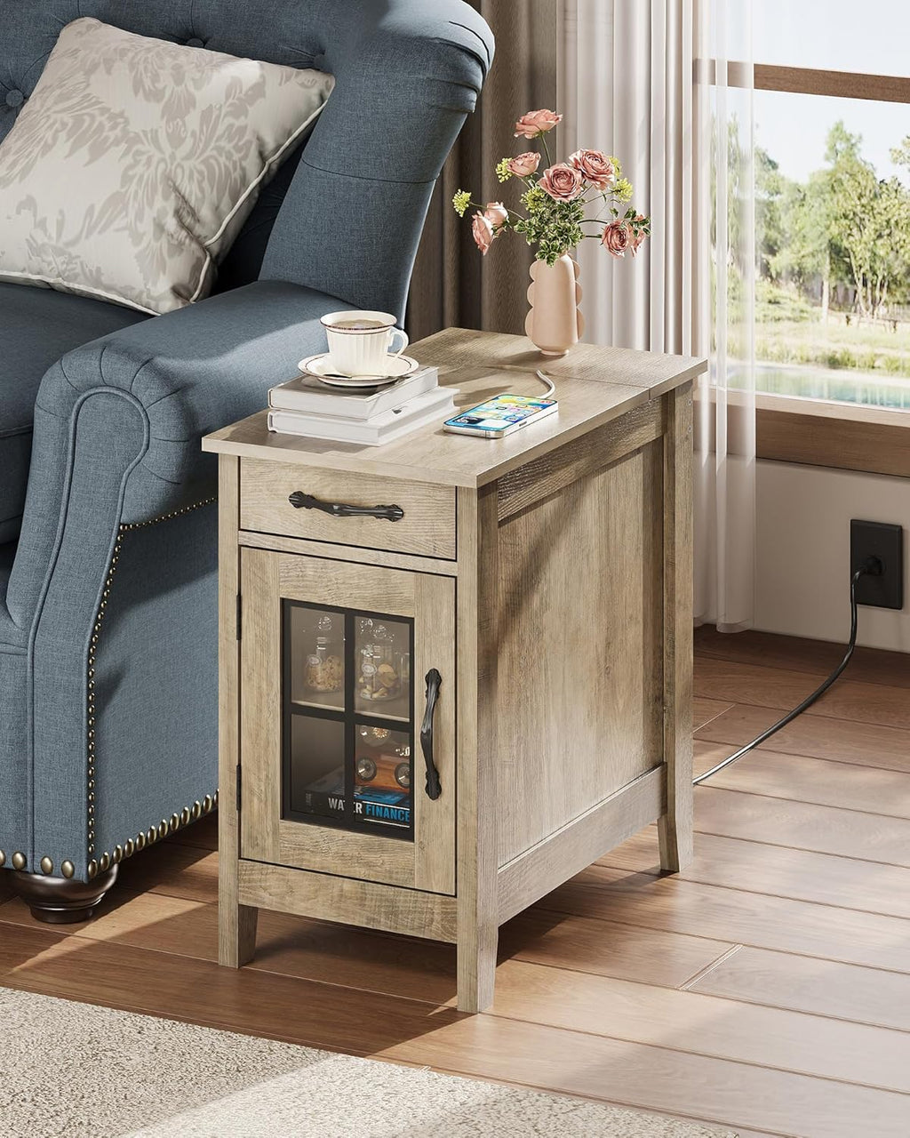 WLIVE End Table with Charging Station, Narrow Side Table for Living Room, Farmhouse Night Stand with Storage, Small Wooden Cabinet Nightstand with USB Ports and Outlets, 23.62" D x 13.78" W x 23.62" H
