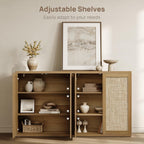 SICOTAS Rattan Sideboard Buffet Storage Cabinet - Farmhouse Boho Coffee Bar Cabinet with Adjustable Shelves, Large Console Table Credenza Stand for Living Room, Dining Room, Entryway, Oak (3 PCS)