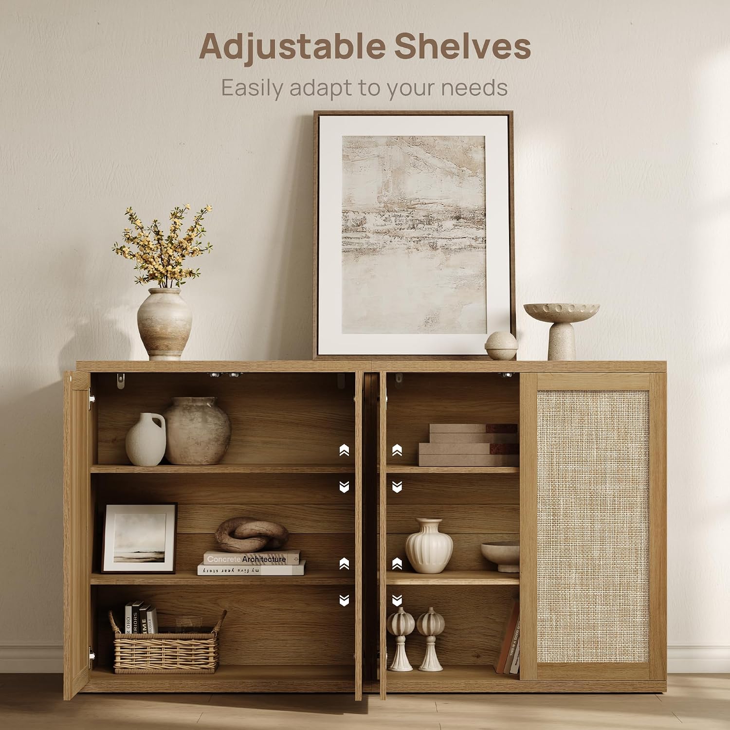 SICOTAS Rattan Sideboard Buffet Console Cabinet - 2 Pieces Boho Coffee Bar Cabinet with Storage & Adjustable Shelves, Farmhouse Credenza Stand for Living Room, Hallway, Kitchen, Oak
