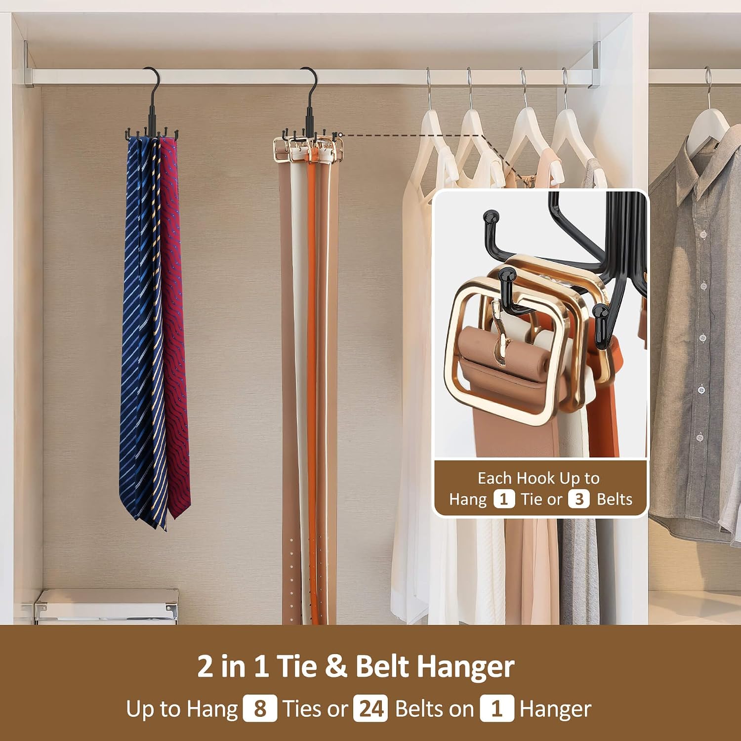 ZEDODIER Belt Organizer for Closet, Heavy-Duty Rotating Belt Hanger Tie Rack Holds up to 24 Belts, Hanging Space Saving Metal Belt Holder for Closet Storage