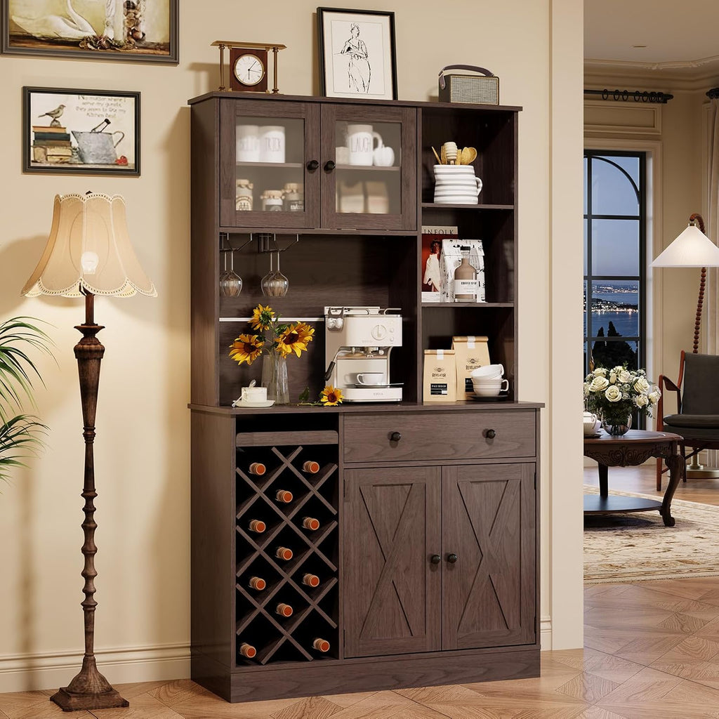 72" Tall Kitchen Pantry Cabinet with Power Outlet & Wine Rack - Farmhouse Sliding Barn Door Coffee Bar Cabinet with Storage Drawers & Adjustable Shelves, Sideboard Buffet for Dining Room, Home Bar