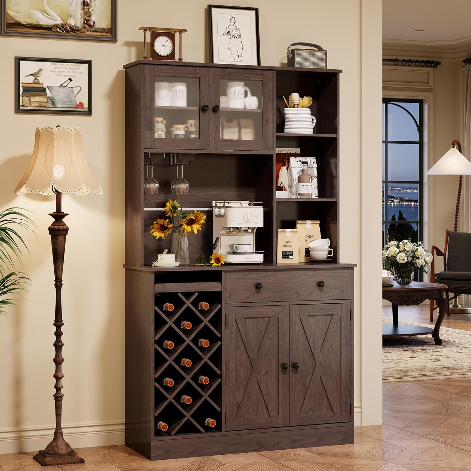 72" Tall Kitchen Pantry Cabinet with Power Outlet & Wine Rack - Farmhouse Sliding Barn Door Coffee Bar Cabinet with Storage Drawers & Adjustable Shelves, Sideboard Buffet for Dining Room, Home Bar