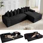 110'' Boneless Couch, Modern Corduroy Couch, Convertible Sleeper Sofa Bed Full, Right L-Shaped Floor Sofa, 8 Pillows, 2 Movable Pockets, Sectional Couches for Living Room, Apartment, Black