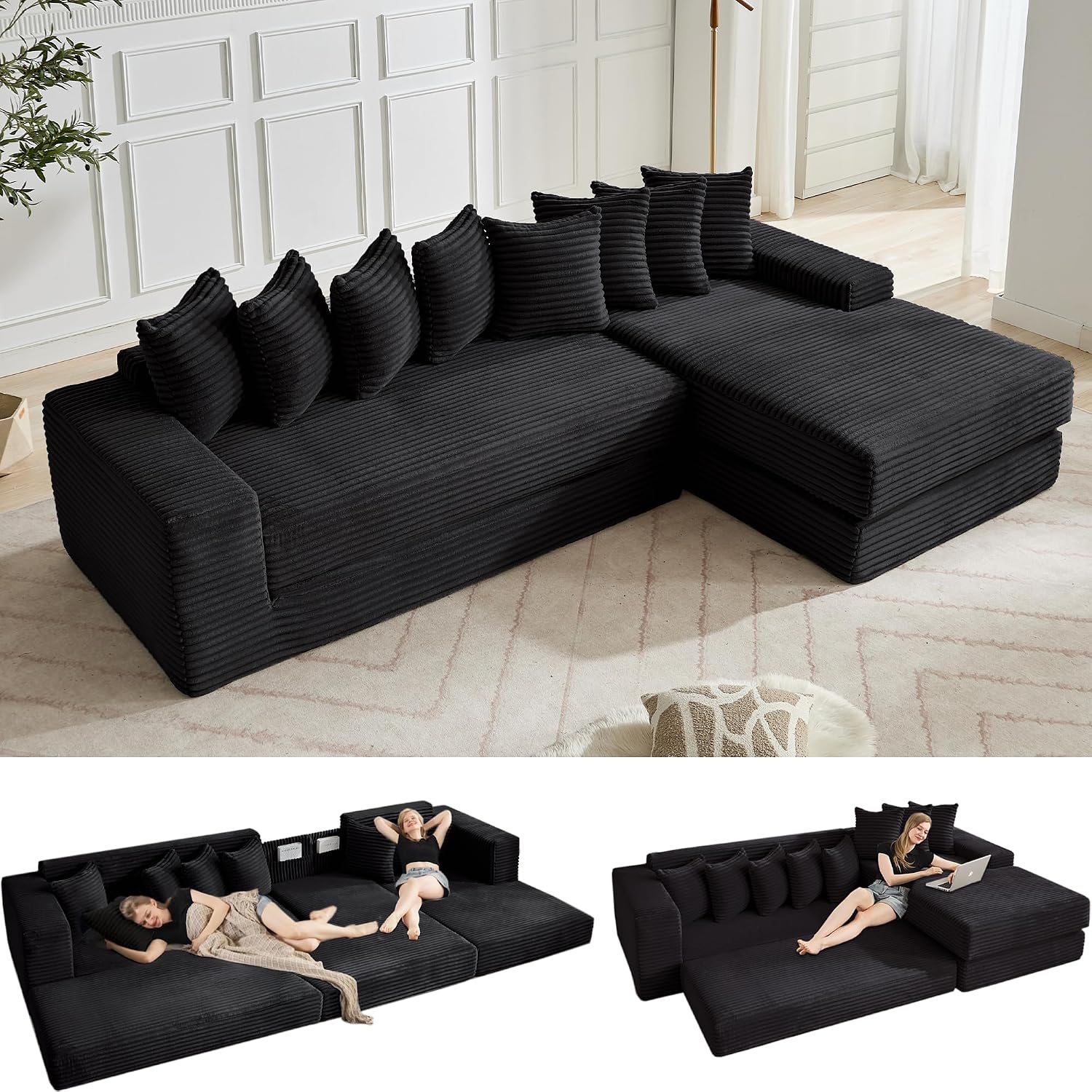 110'' Boneless Couch, Modern Corduroy Couch, Convertible Sleeper Sofa Bed Full, Right L-Shaped Floor Sofa, 8 Pillows, 2 Movable Pockets, Sectional Couches for Living Room, Apartment, Black