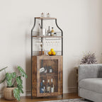 Garvee Corner Wine Rack Cabinet for Liquor Cabinet with Adjustable Shelves, 61 in Industrial Tall Bar Cabinet Freestanding with Mesh Door and Glass Holder for Kitchen, Rustic Brown