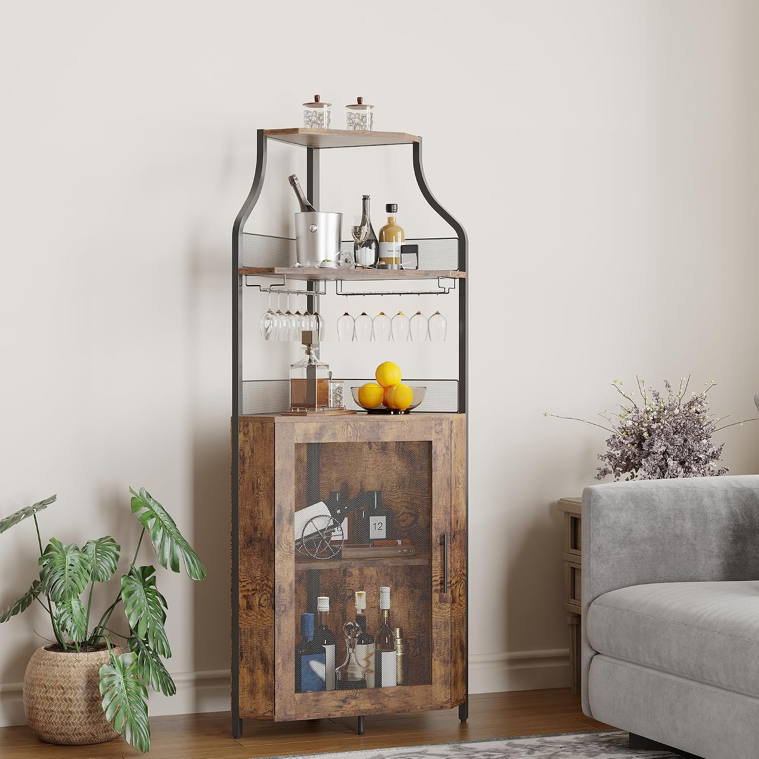 Garvee Corner Wine Rack Cabinet for Liquor Cabinet with Adjustable Shelves, 61 in Industrial Tall Bar Cabinet Freestanding with Mesh Door and Glass Holder for Kitchen, Rustic Brown