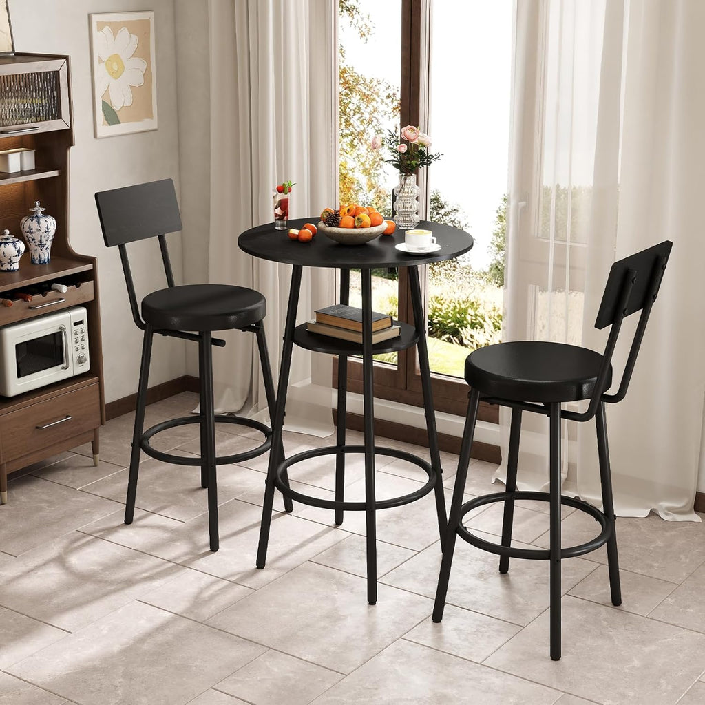 Zevemomo 3 Pieces Round Bar Table Set, Small Dining Table for 2, Black Kitchen Bar Table, Breakfast Table with Storage, 2 Thickened Cushion Stools with Backrest for Dining Room & Bistro-Black