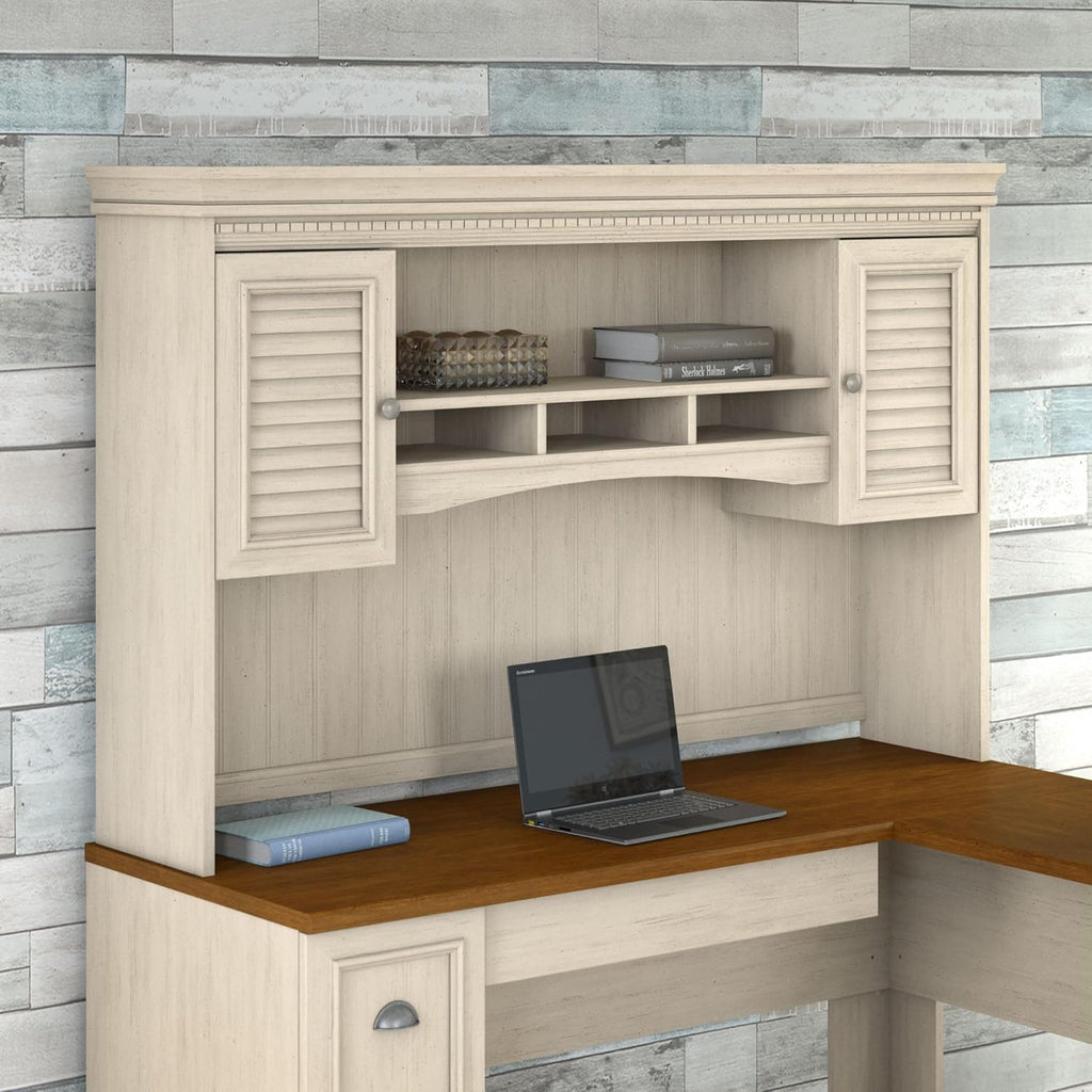 Bush Home Fairview 60W Hutch for L Shaped Desk in Antique White, Attachment with Shelves and Cabinets for Home Office