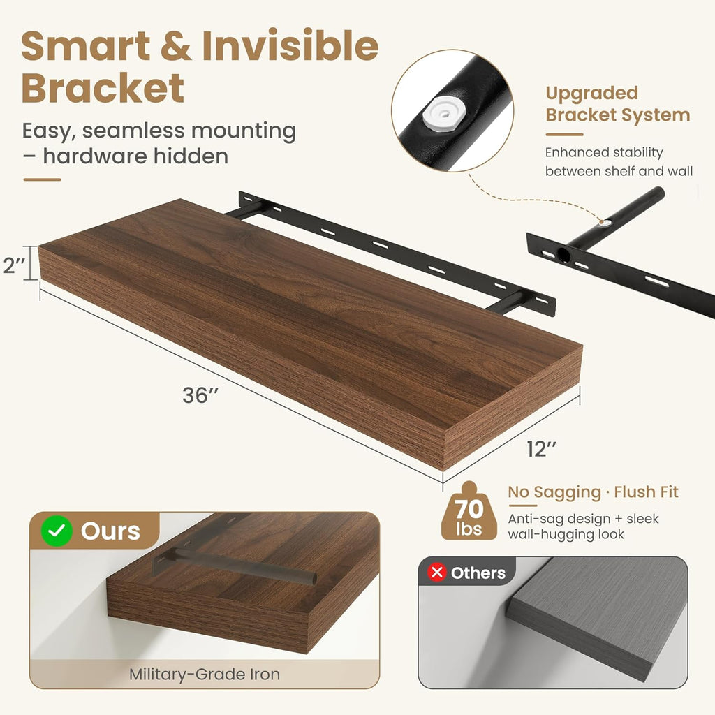 FLYJOE 36 Inch Long Floating Shelves for Wall Set of 1, 12" D Wood Grain Bathroom Shelves with Invisible Brackets, Easy Install Engineered Wood Storage Shelves for Kitchen, Living Room, Bedroom