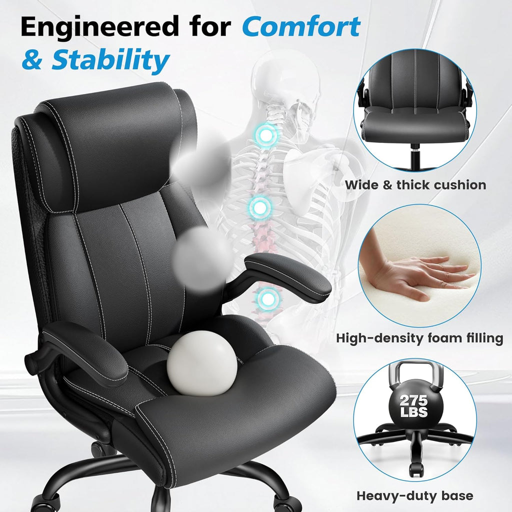 Ergonomic Office Chair – High Back Executive Leather Desk Chair with Inflatable Lumbar Support for Back Pain, Heavy-Duty Computer Desk Chair for Long Workdays, Black