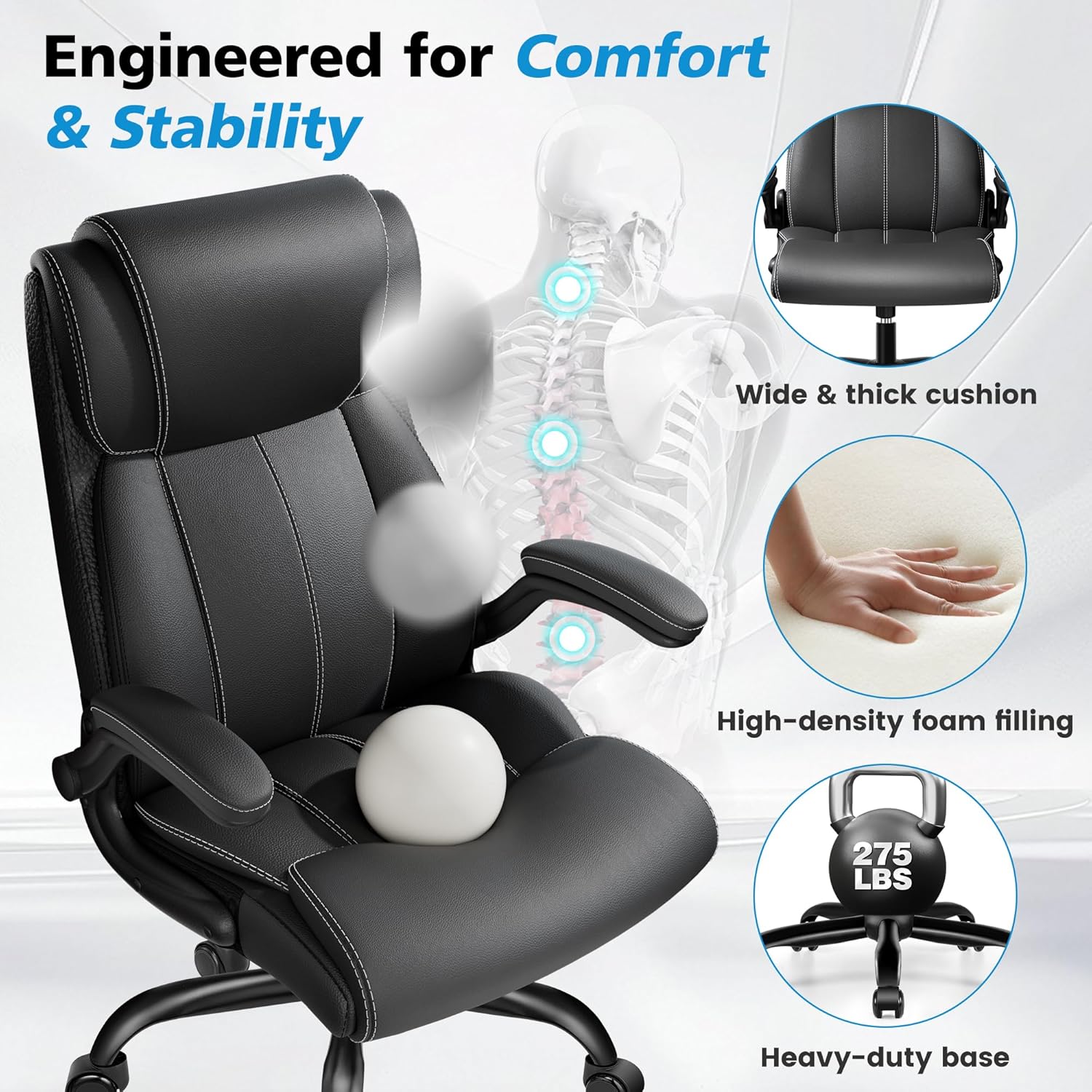 Ergonomic Office Chair – High Back Executive Leather Desk Chair with Inflatable Lumbar Support for Back Pain, Heavy-Duty Computer Desk Chair for Long Workdays, Black