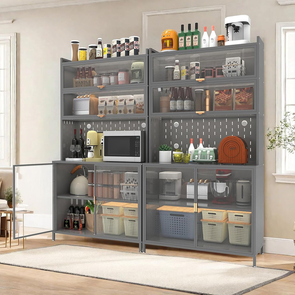73" Tall Kitchen Pantry Cabinet, 6-Level Metal Storage with Flip Door, Pegboard, Microwave Shelf & Anti-Tip Design for Kitchen, Dining Room, Living Room,Grey
