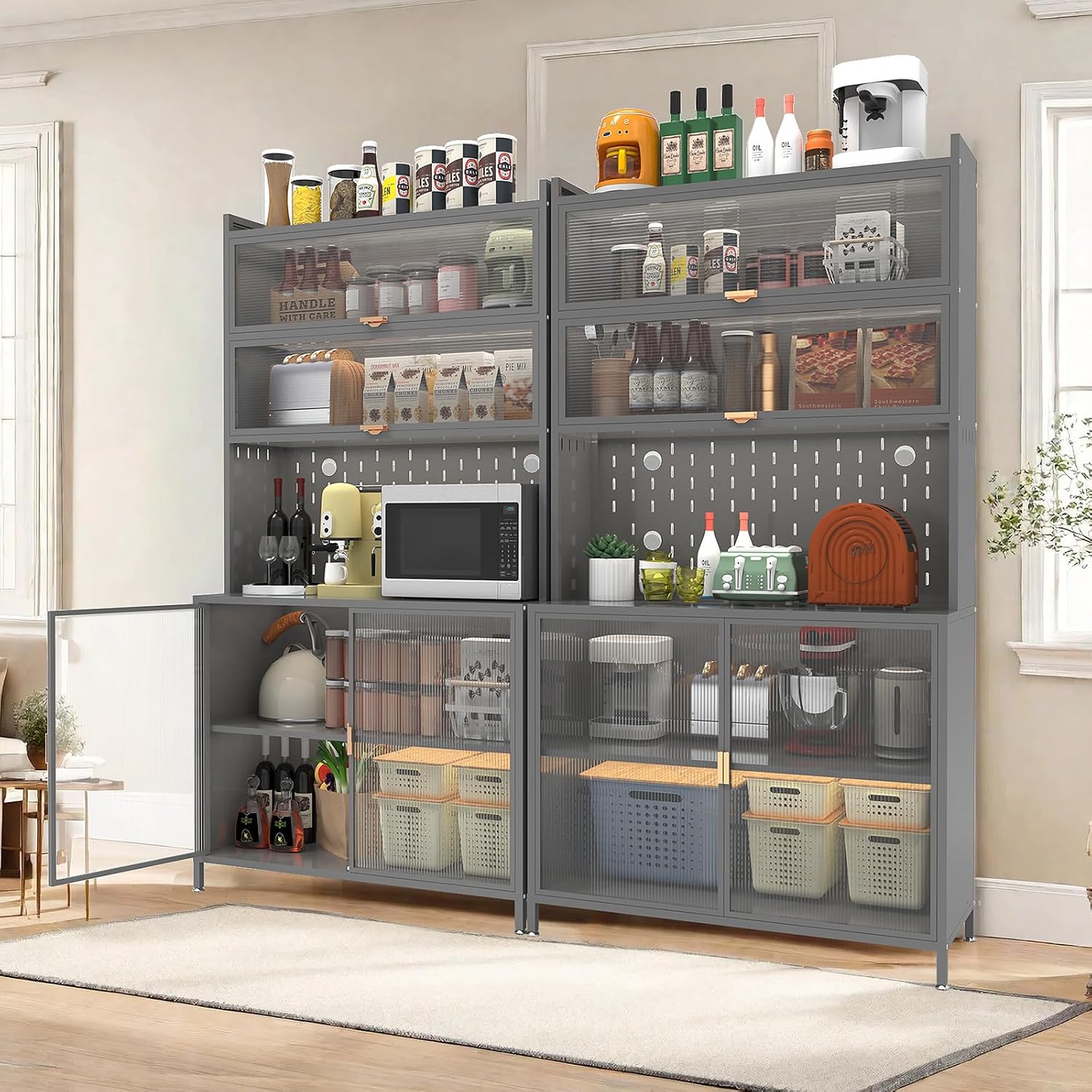 73" Tall Kitchen Pantry Cabinet, 6-Level Metal Storage with Flip Door, Pegboard, Microwave Shelf & Anti-Tip Design for Kitchen, Dining Room, Living Room,Grey