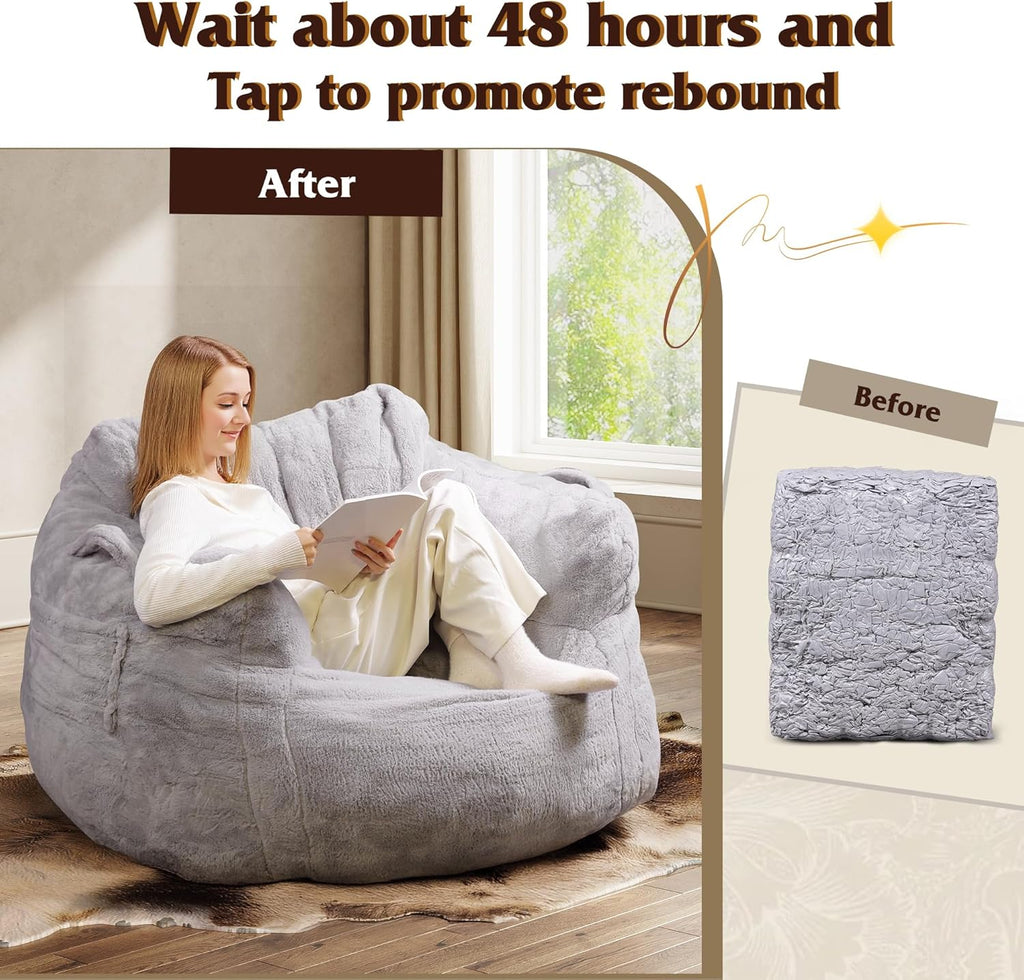WLIVE 43'' Giant Bean Bag Chair, Bean Bag Sofa with Armrests for Adults, Bean Bag Couch with High-Density Memory Foam for Livingroom, Bedroom, Grey