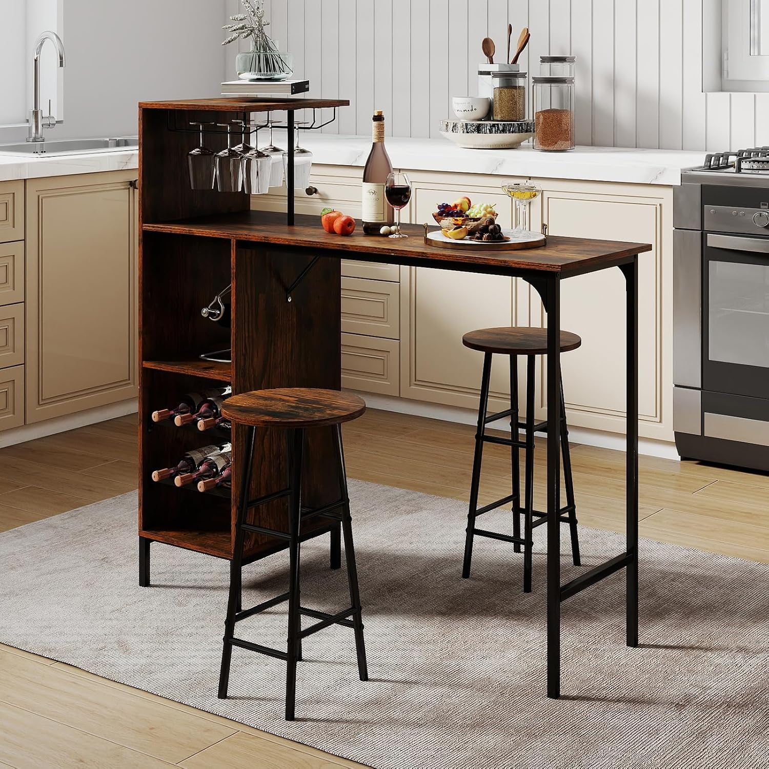GOFLAME Bar Table Set for 2, Counter Height Dining Table Set with Shelves, Cup Holder & Wine Rack, Breakfast Table & Stools Set, 3-Piece Pub Table Set for Kitchen, Dining Room, Rustic Brown