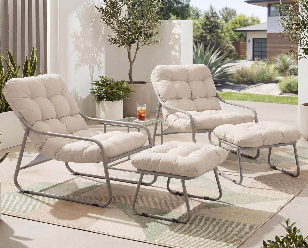 NICESOUL 2-Piece Outdoor Lounge Chair and Ottoman Set, Comfy Patio Lounge Chairs with Reclined Backs and Armrests, Heavy-Duty Reading Chairs with Cushions for Porch, Balcony, Backyard, Beige