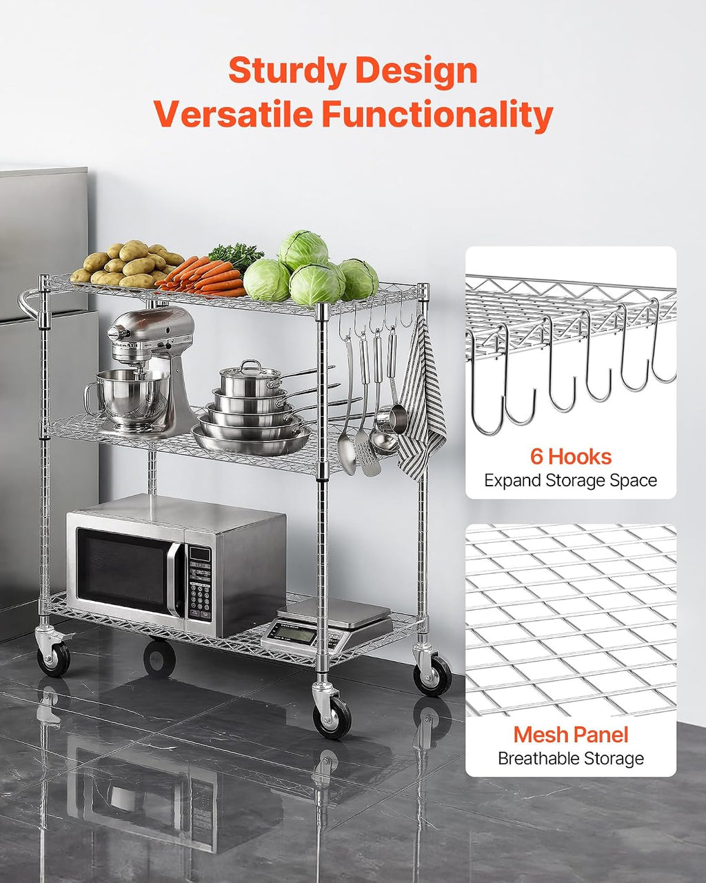 VEVOR Kitchen Utility Cart, 3 Tier Heavy Duty Adjustable Wire Storage Rack, Commercial Steel Rolling Service Trolley on Wheels, Work Table with Handle Bar, for Garage and Laundry Room, 35x17.8x40.9 in