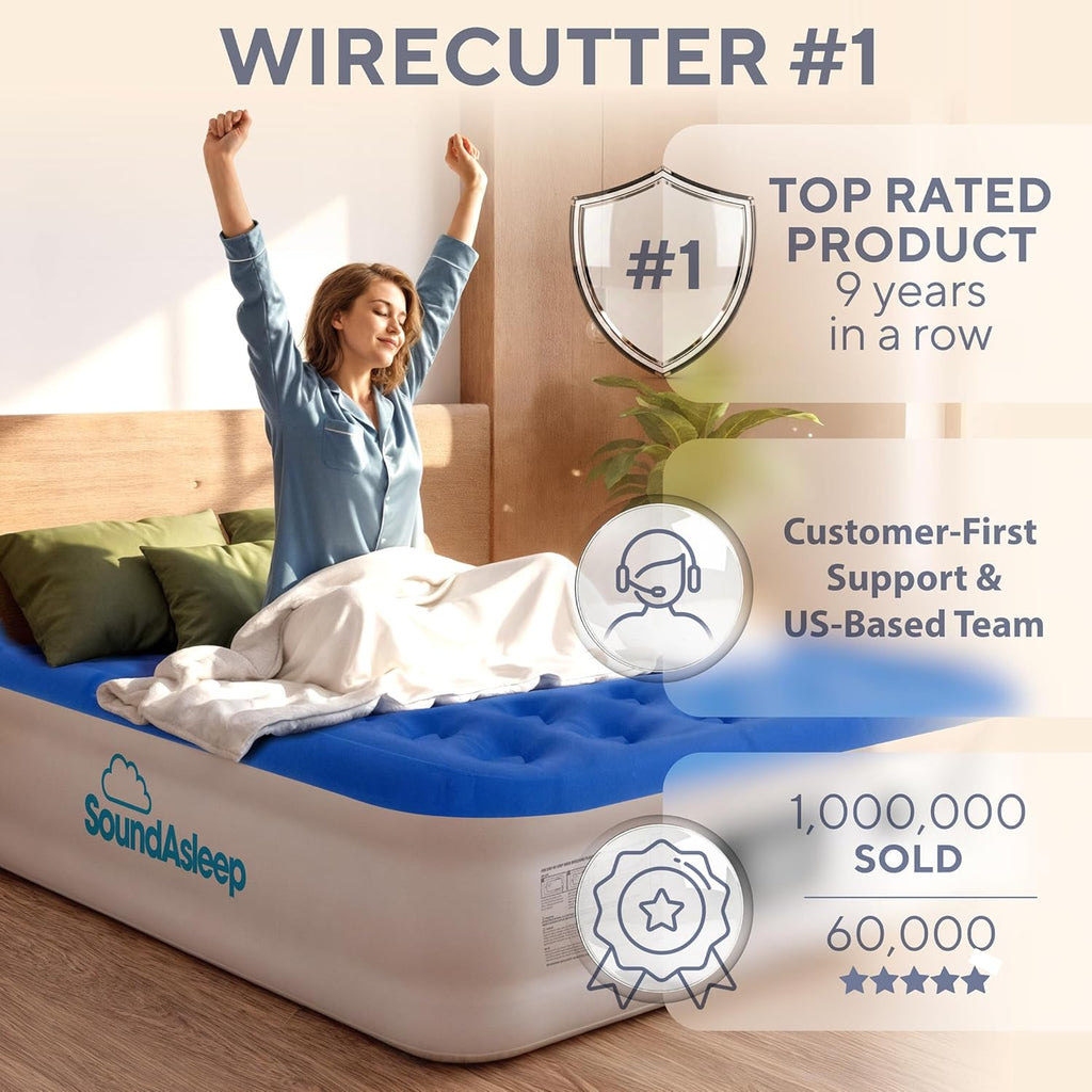 SoundAsleep Products Dream Series Luxury Air Mattress, ComfortCoil Technology, Built-in High Capacity Pump for Home, Camping- Double Height, Adjustable, Inflatable Blow Up, Portable (Queen Size)