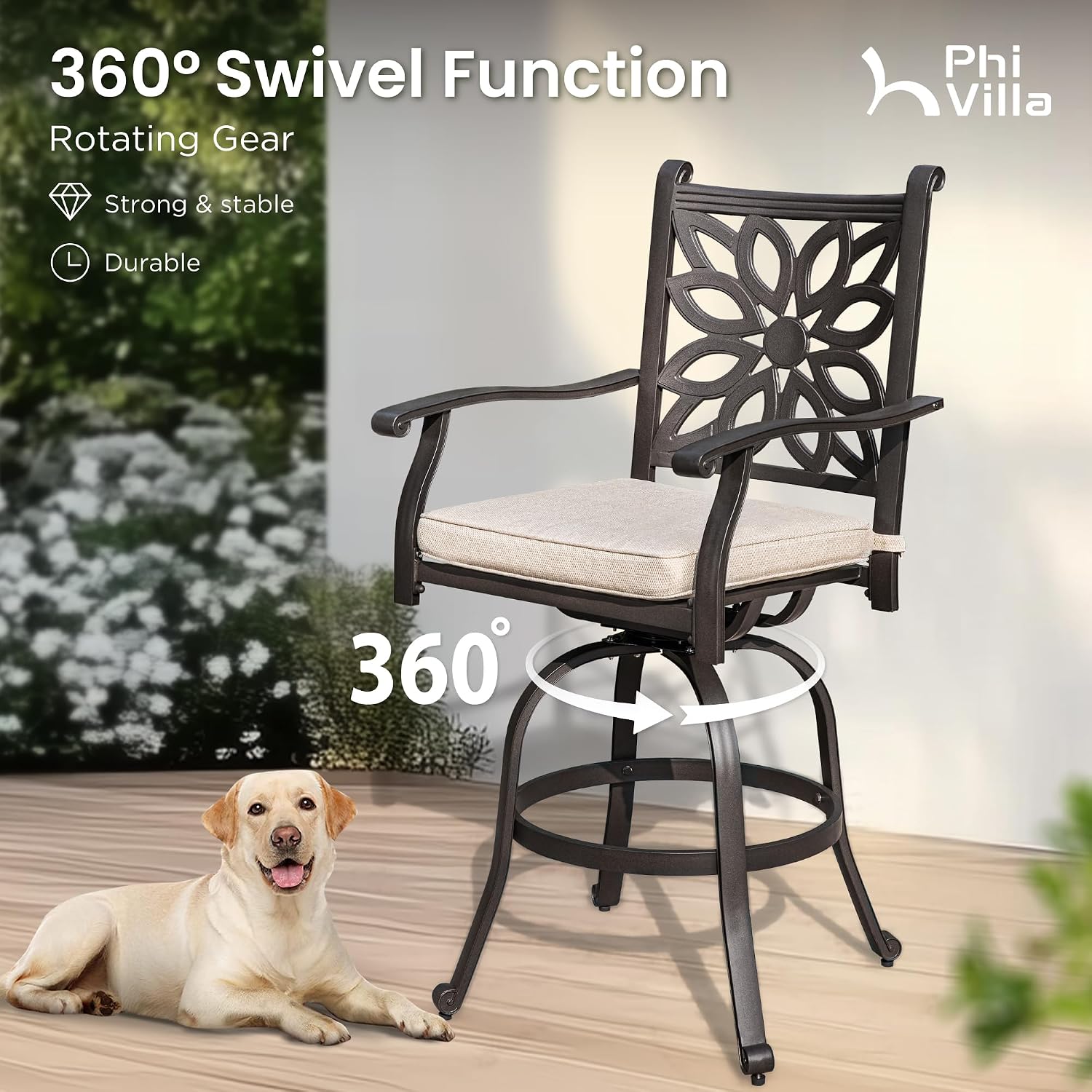 PHI VILLA Outdoor Swivel Bar Stools Set of 4, Cast Aluminum Patio Bar Height Chairs with Seat Cushion, All-Weather Bar Dining Chairs Metal Bistro Chairs