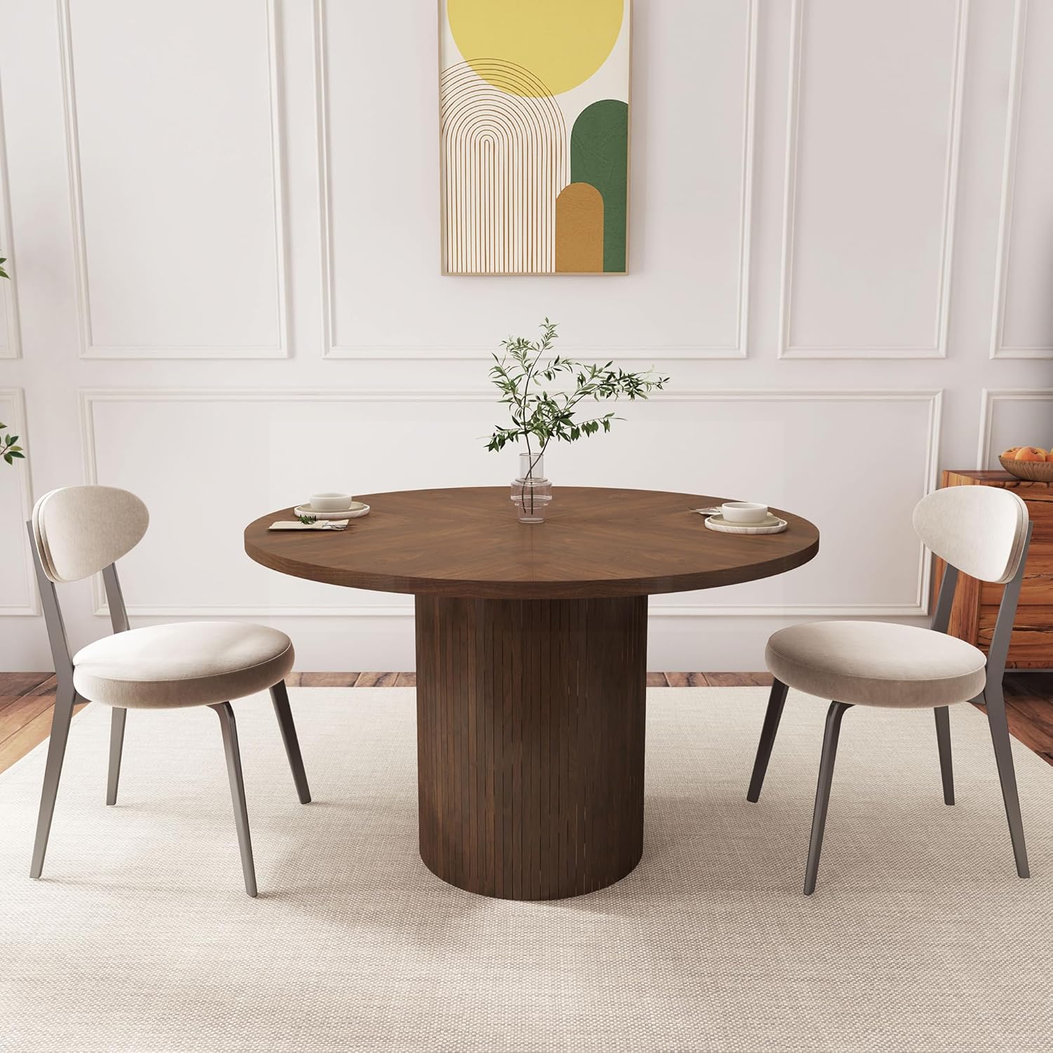 QHITTY Fluted Round Dining Table, 47-inch Wood Kitchen for 4, Farmhouse Circle Table with Strip Base for Kitchen, Living Room, Walnut