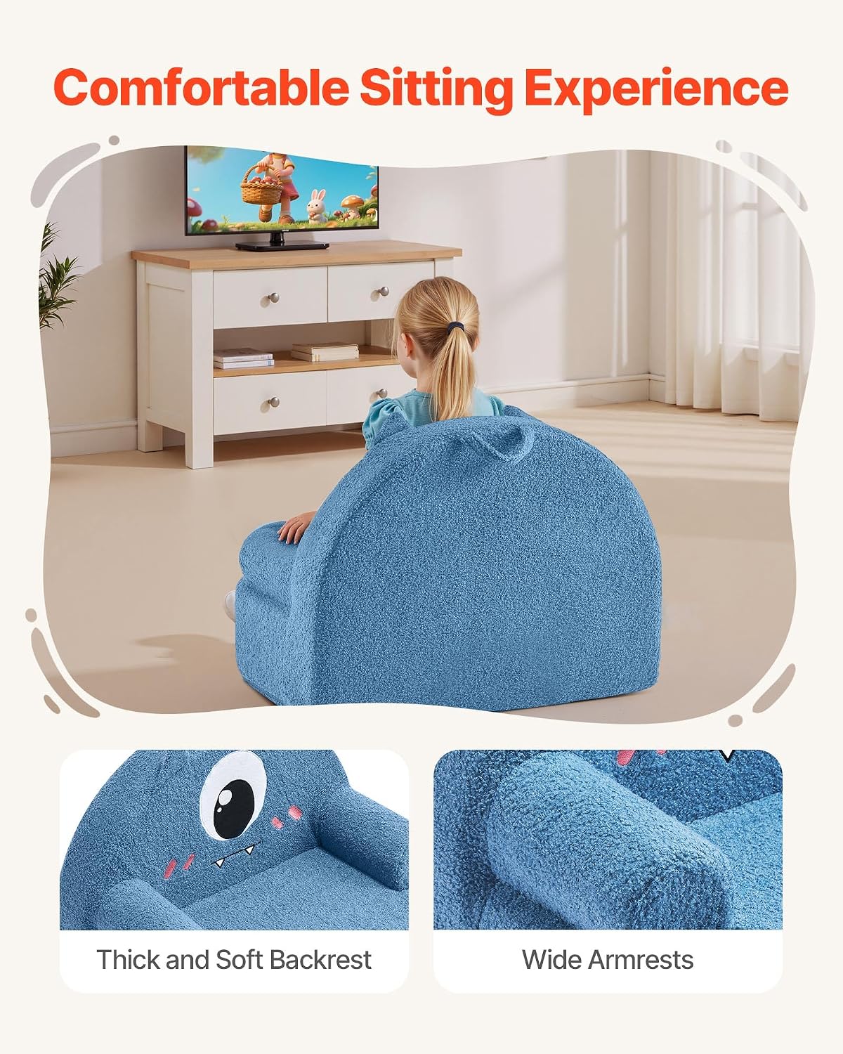 VEVOR Kids Sofa Comfy, Monster Style Foam Toddler Couch with Armrests, Movable & Washable Kids Sofa Made of 28D Sponge & Teddy Plush for Playroom, Bedroom, Living Room, Ideal Present for Child, Blue