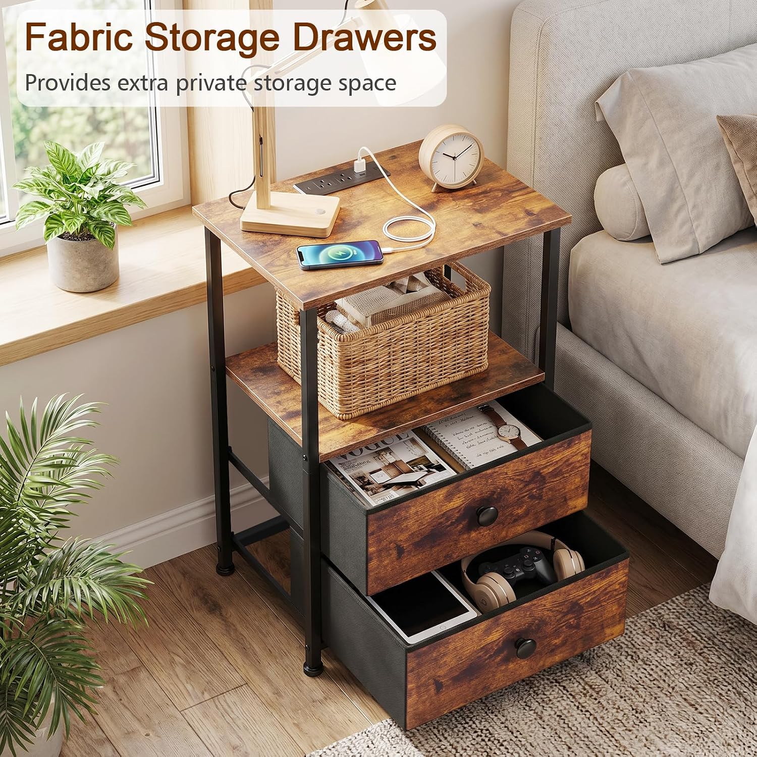 LOAKEKEL Night Stand, Nightstands Set of 2 with Charging Station | Bedside Table with 2 Fabric Drawers for Bedroom, End Tables with Storage Shelf for Small Spaces, Rustic Brown