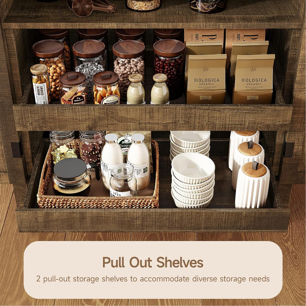 ONBRILL 71" Tall Arched Kitchen Pantry, Storage Cabinet Pantry with 2 Pull-Out Shelves, 6 Door Shelves, Organizer, Freestanding Morden Versatile Cupboard for Kitchen, Dining Room (Rustic Brown)