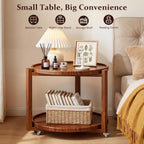 Taitiy Rolling Side Table with Wheels Solid Wood Round End Table with Storage Shelf 2 Tier Mobile Side Table for Couch & Small Spaces Wooden Bedside Table with Lockable Casters Walnut 21.5"