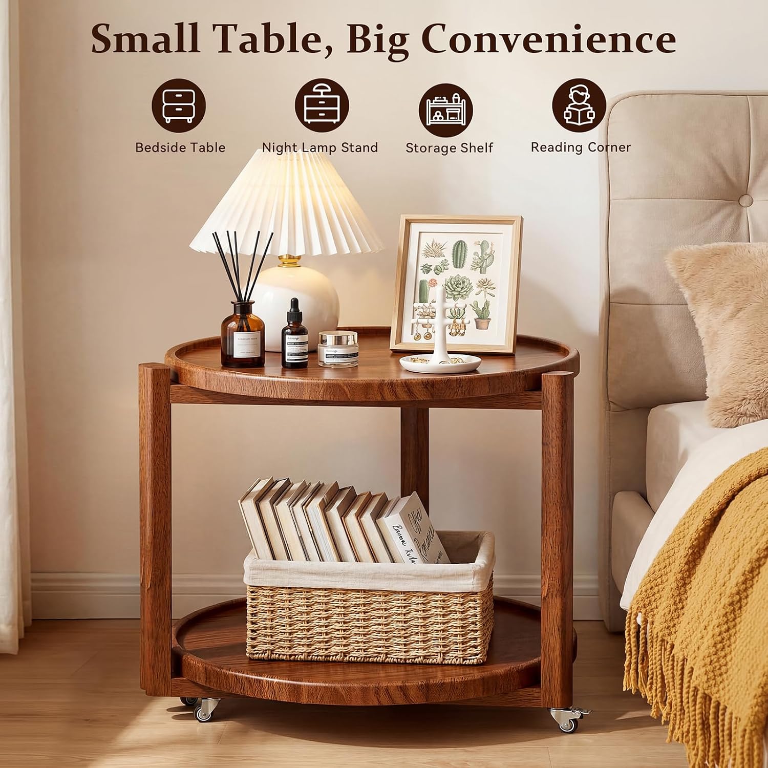 Taitiy Rolling Side Table with Wheels Solid Wood Round End Table with Storage Shelf 2 Tier Mobile Side Table for Couch & Small Spaces Wooden Bedside Table with Lockable Casters Walnut 21.5"