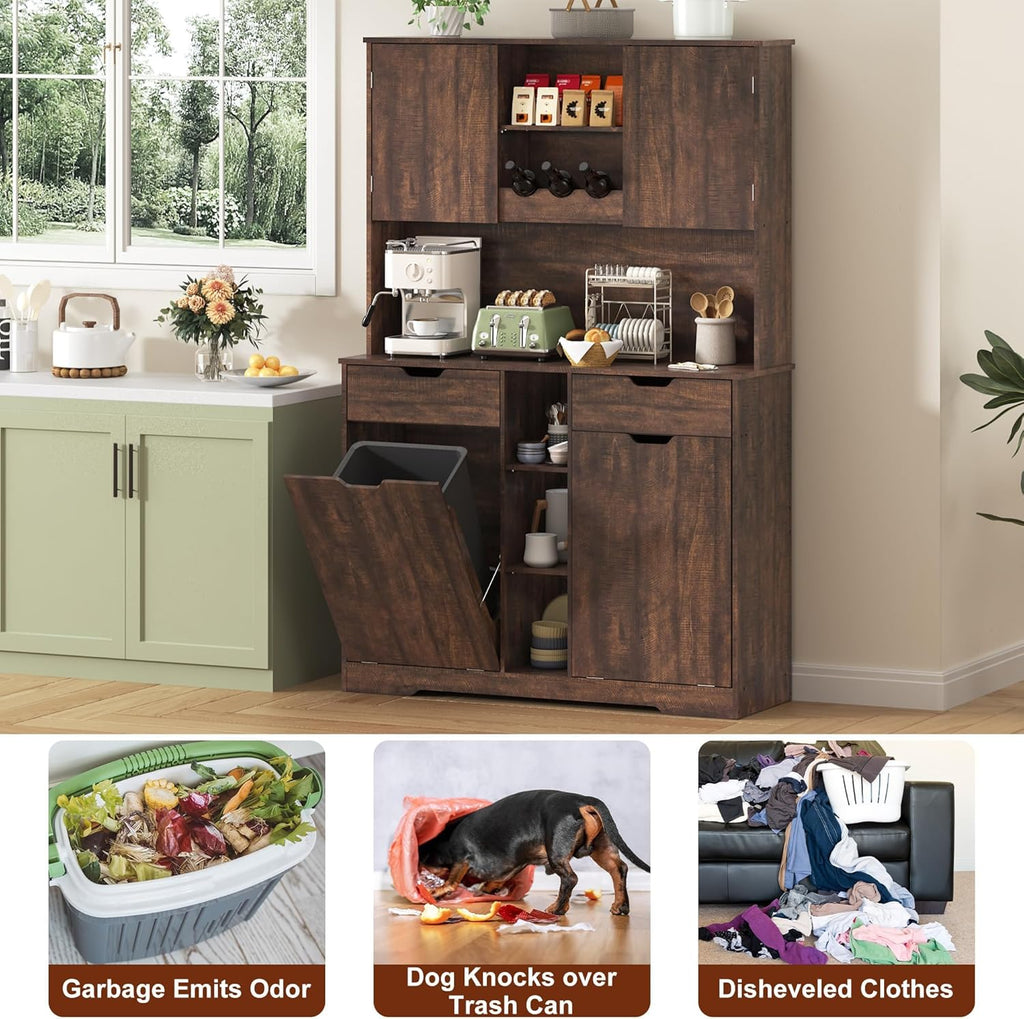 71"H Kitchen Pantry Storage Cabinet with Power Outlets and Two Drawers,10X2 Gallon Kitchen Hidden Double Tilt Out Trash Can Cabinet with Trash Bin Storage Holders,Laundry Hamper Cabinets(Brown)