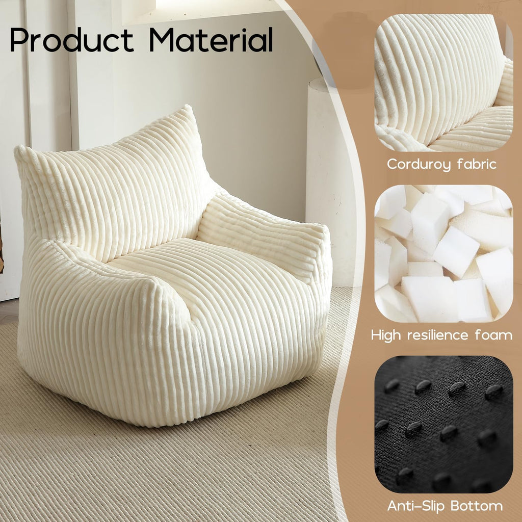 Giant Bean Bag Chair for Adults, Oversized Beanbag Sofa with Armrests and Back Support, Filler Included, Ultra Soft Stuffed Floor Couch for Bedroom Reading Lounging, Living Room