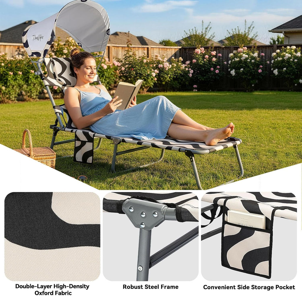 Tanning Chair with Face Hole for Adults, Outdoor Folding Lounge Chair with Canopy and Side Table for Phone Drink Tablet, 4 Position Adjustable Backrest, Lay Flat Chaise Lounger for Beach Patio Pool
