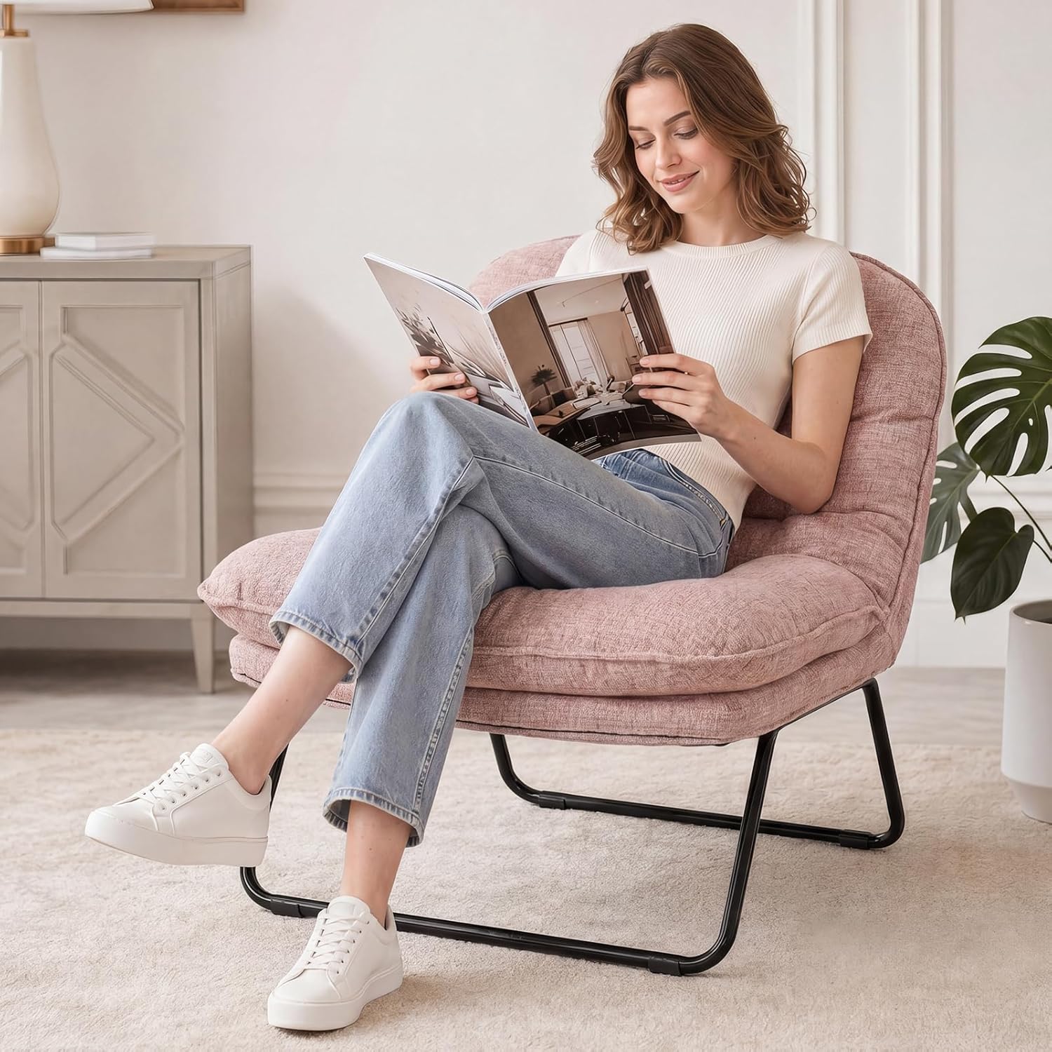 DUMOS Comfy Saucer Chair,Fabric Foldable Chairs for Bedroom, Living Room, Dorm & Gaming, Small Foldable Fashion Floor Chair with Back Support for Small Spaces Adults, Dark Pink