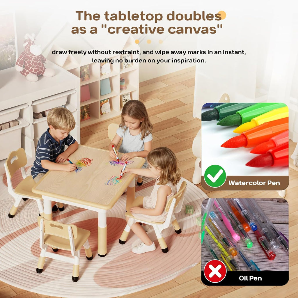 HLPB Kids Table and 4 Chairs Set, Adjustable Height, Graffiti Desktop, Non-Slip Legs, 31.5''L x 23.6''W Toddler Multi-Activity Table for Ages 2-8, Max 300lbs, for Daycare, Classroom, Home