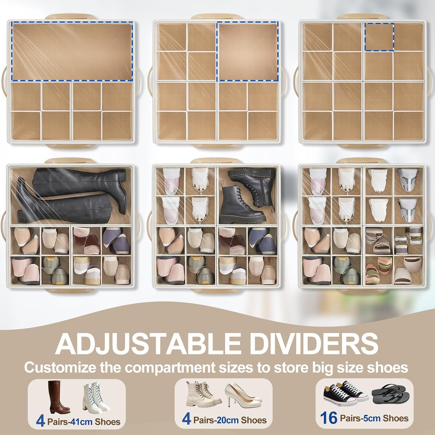 2 Pack Large Shoe Organizer for Closet, 32 Pairs Shoe Storage Box with 360° Wheels & Reinforced Handles, Adjustable Dividers, Clear Cover, Side Pocket, Foldable Oxford Fabric Bin for Entryway, Beige