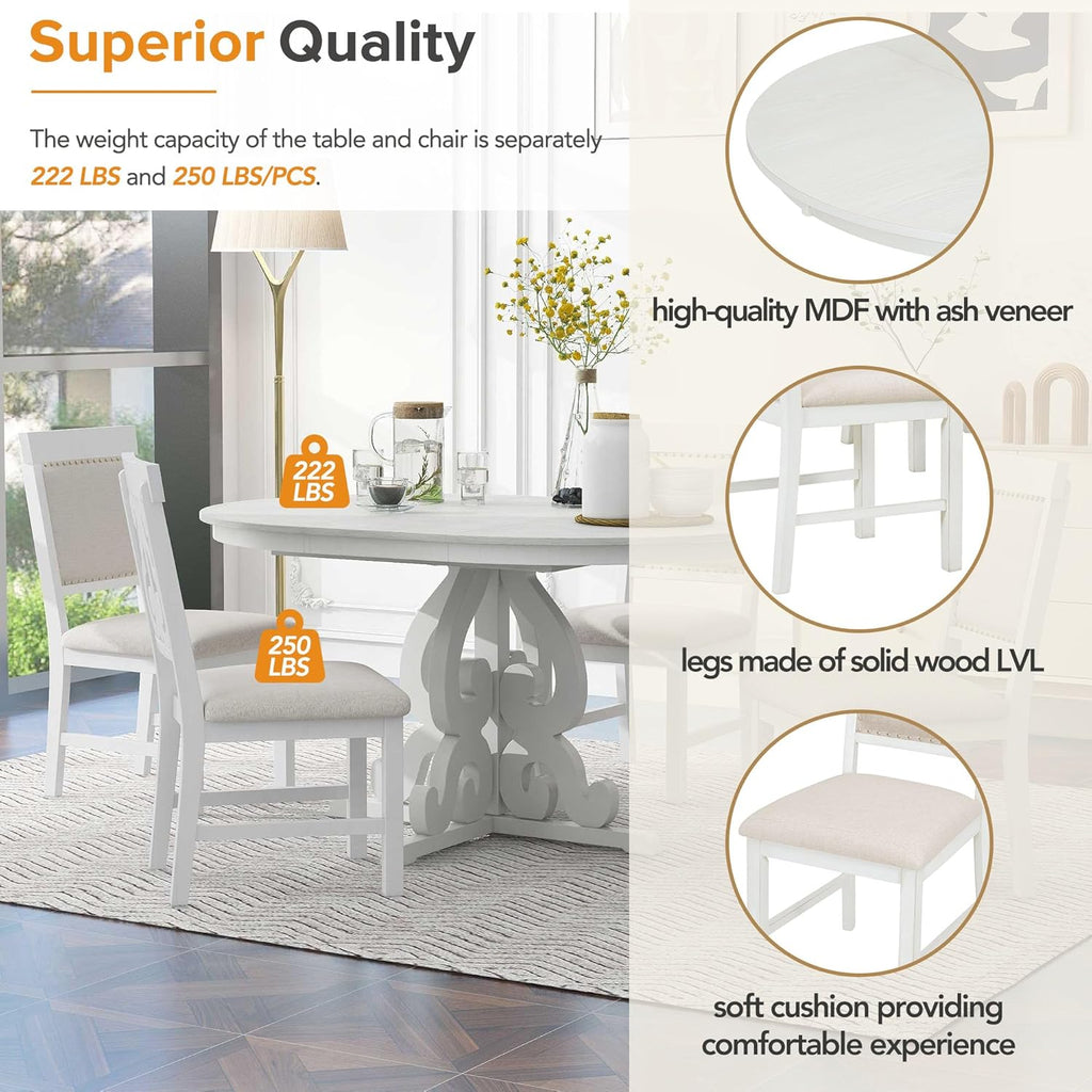 Merax Extendable Round Dining Table Set for 4-6, Farmhouse Kitchen Table Set with 4 Upholstered Chairs and Removable Leaf for Kitchen, Dining Room, Small Space, Antique White