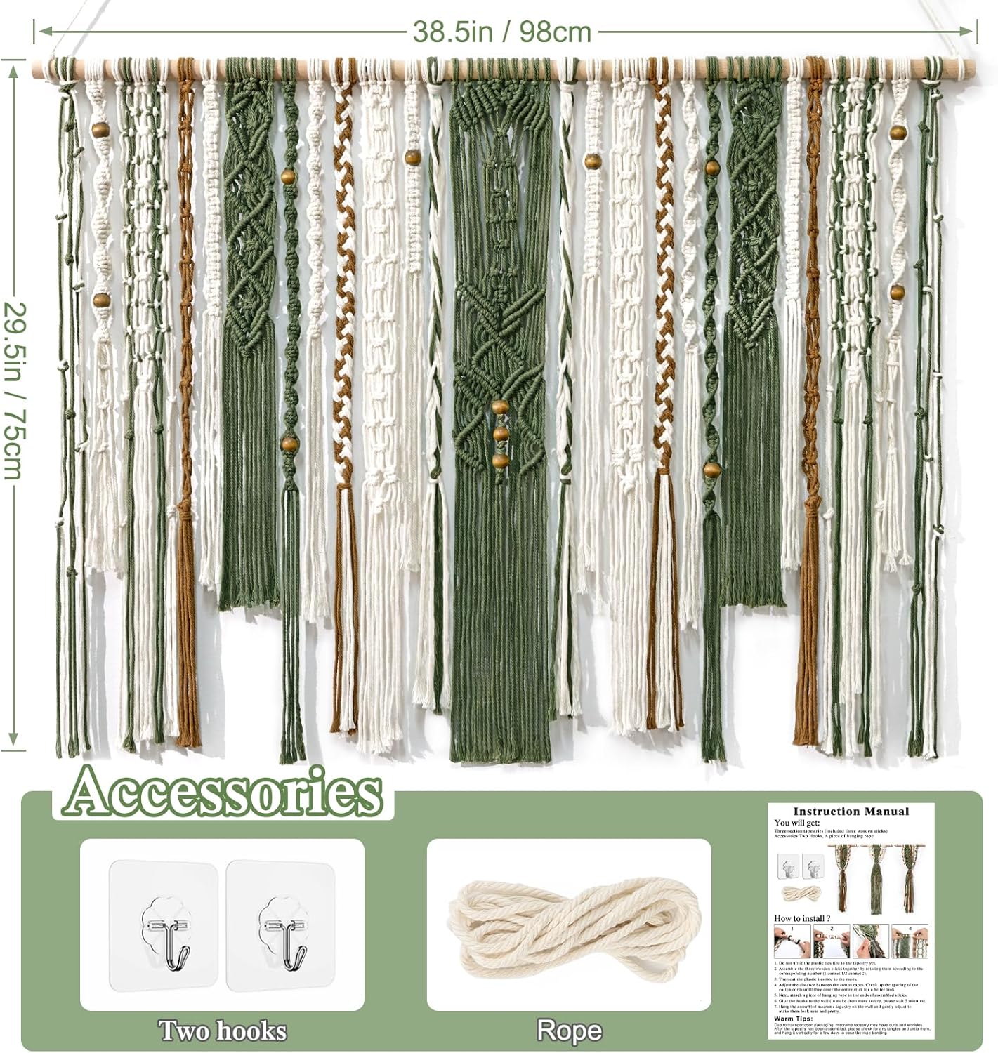 MEIVINES Macrame Wall Hanging Large Wall Art Handmade Woven Tapestry Boho Tapestry Macrame Wall Decor Art Home decoration for Living Room Bedroom Apartment Dorm Wedding Party 38" x 29" (Dark Green)