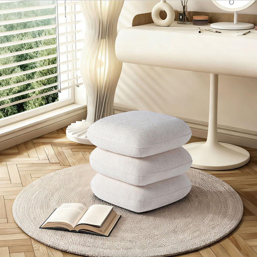 Get Set Style 360° Swivel Linen Ottoman, Modern Upholstered Foot Stool, Multifunctional Vanity Chair Accent Stool for Small Space, Living Room, Bedroom, Entryway, Warm Ivory
