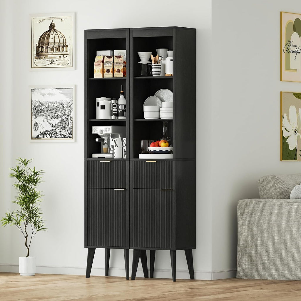 70" H Tall Storage Cabinet, Fluted Freestanding Floor Organizer for Bathroom, Kitchen Pantry, Utility Room, w/Drawer & Adjustable Shelves, Modern Accent in Black