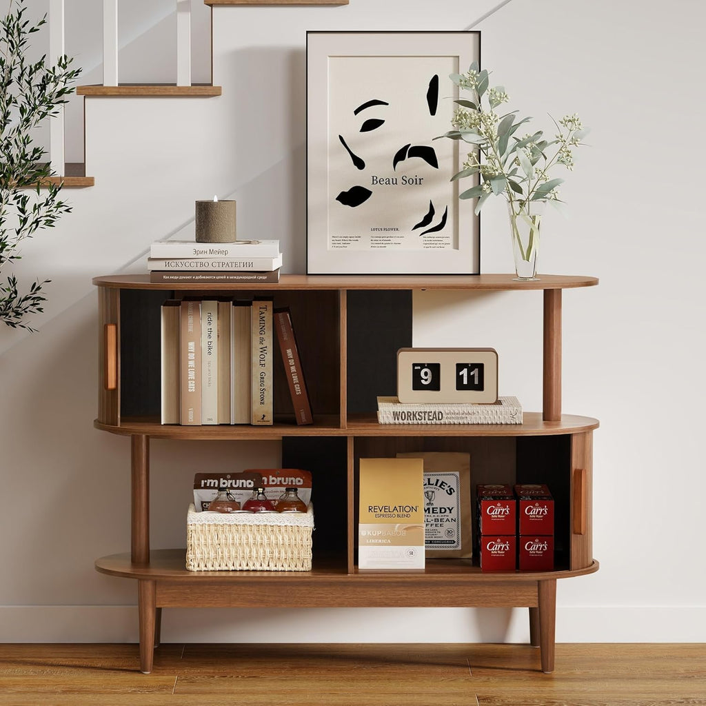 42.5'' Buffet Cabinet with 2 Open Storage, Oval Sideboard Cabinet with Sliding Doors Modern Accent Coffee Bar Wood Kitchen Storage Cabinets for Kitchen, Living Room, Hallway (Walnut)