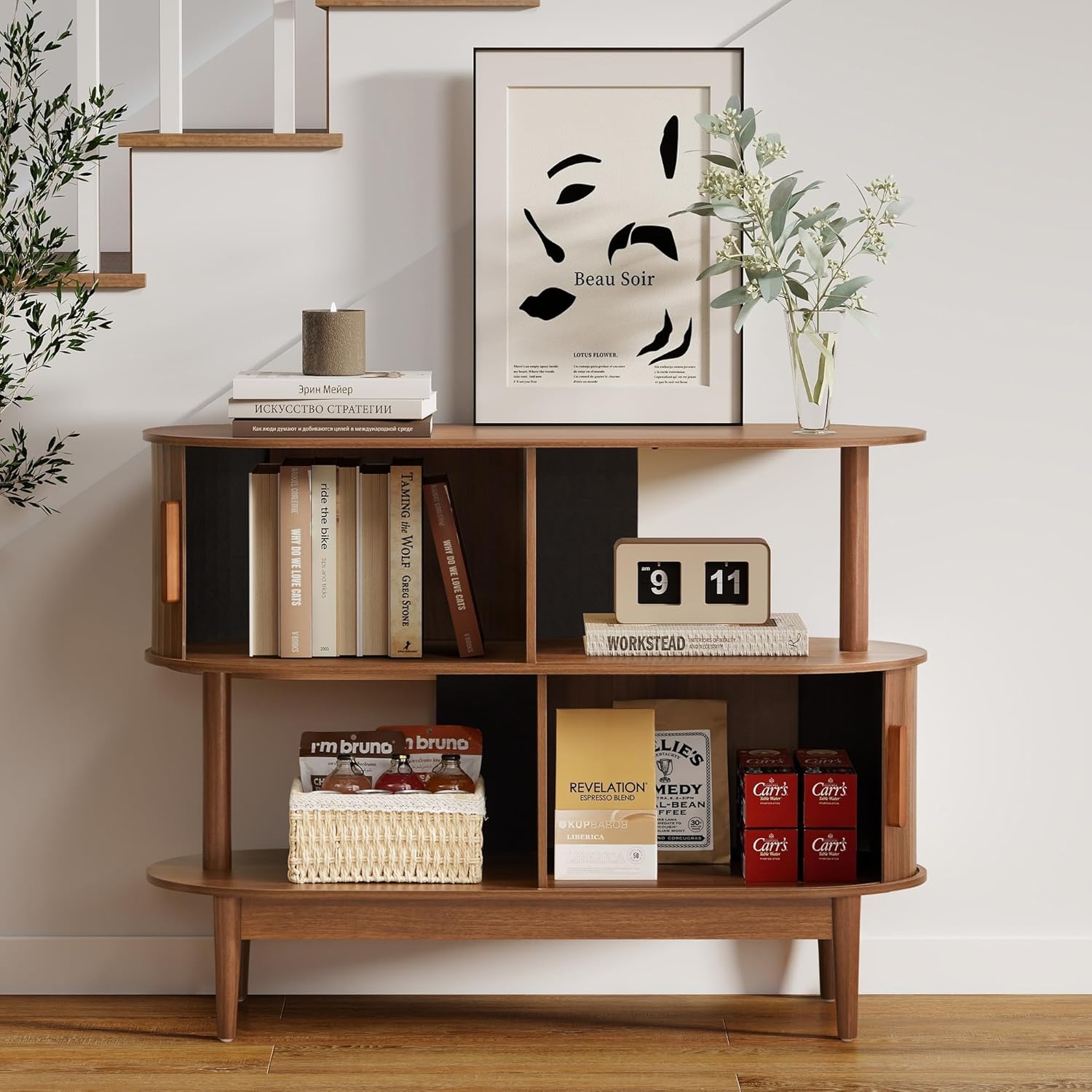 42.5'' Buffet Cabinet with 2 Open Storage, Oval Sideboard Cabinet with Sliding Doors Modern Accent Coffee Bar Wood Kitchen Storage Cabinets for Kitchen, Living Room, Hallway (Walnut)