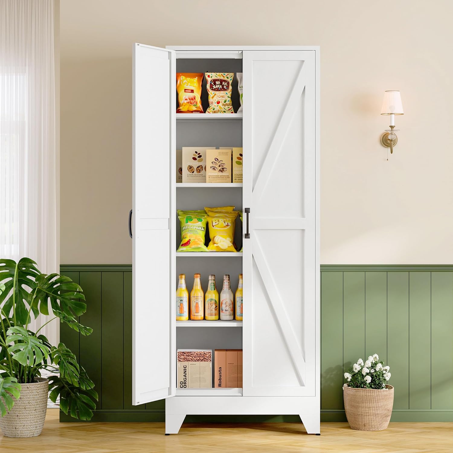 RAVIGIN Farmhouse Storage Cabinet,72" H Metal Pantry Cabinet with Barn Doors and Adjustable Shelves,72" H 6-Tier Rustic Pantry Organizers for Kitchen,Dining Room,White