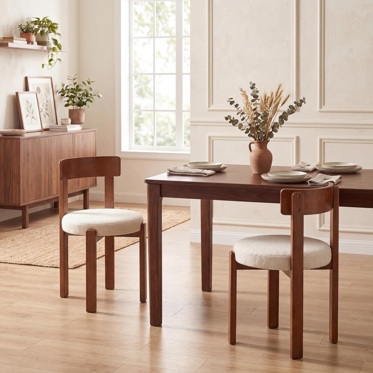 COSTWAY Wooden Dining Chairs Set of 4, Armless Upholstered Kitchen Chairs w/Curved Back & Teddy Fleece Padded Seat, Mid-Century Modern Accent Side Chair for Dining Room & Nooks, Small Space (Brown)