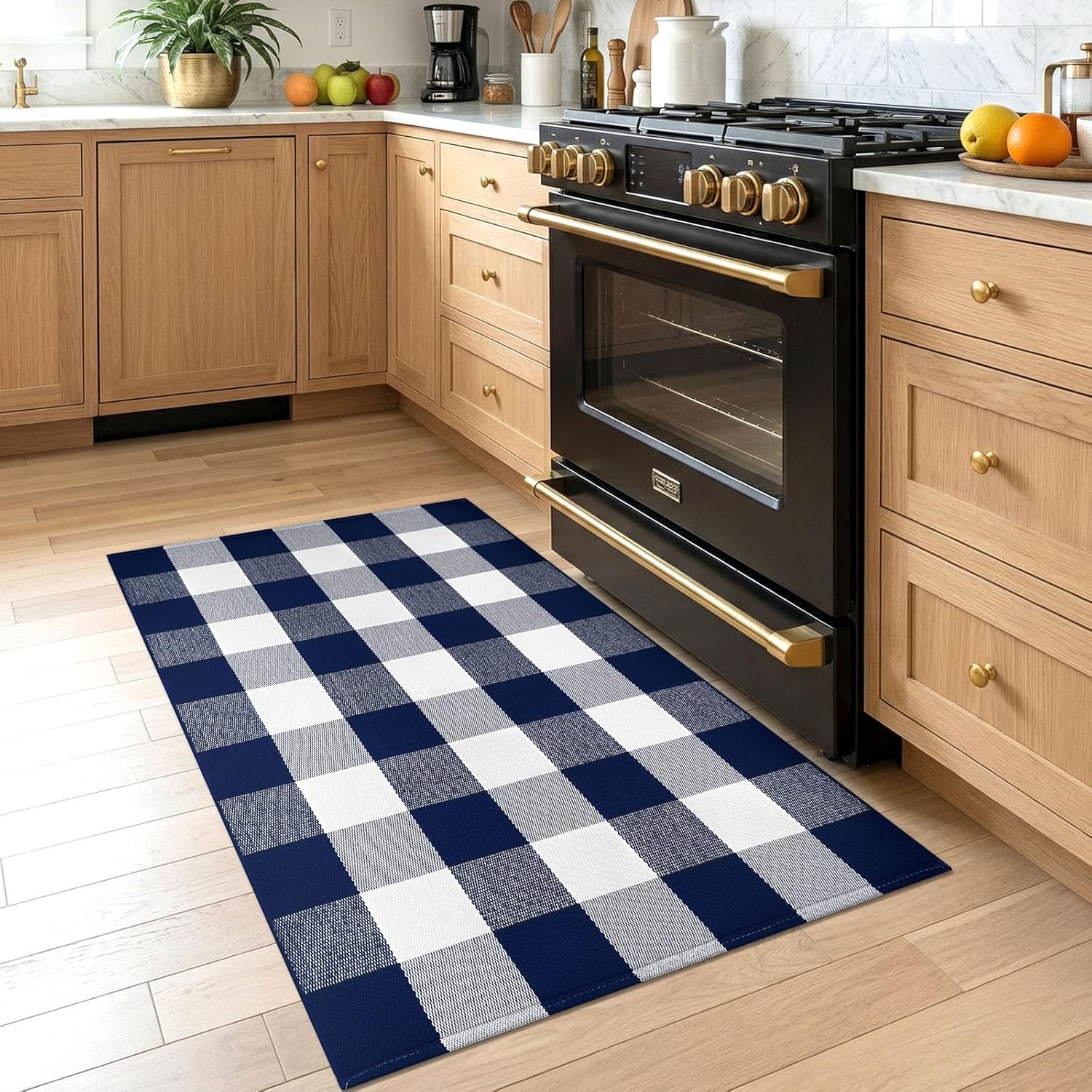KOZYFLY Buffalo Plaid Area Rugs 2.3x3.6 Ft Blue and White Rug Washable Front Door Mat Woven Cotton Indoor Outdoor Rug for Front Porch Kitchen Entryway Patio Farmhouse Checkered Doormat