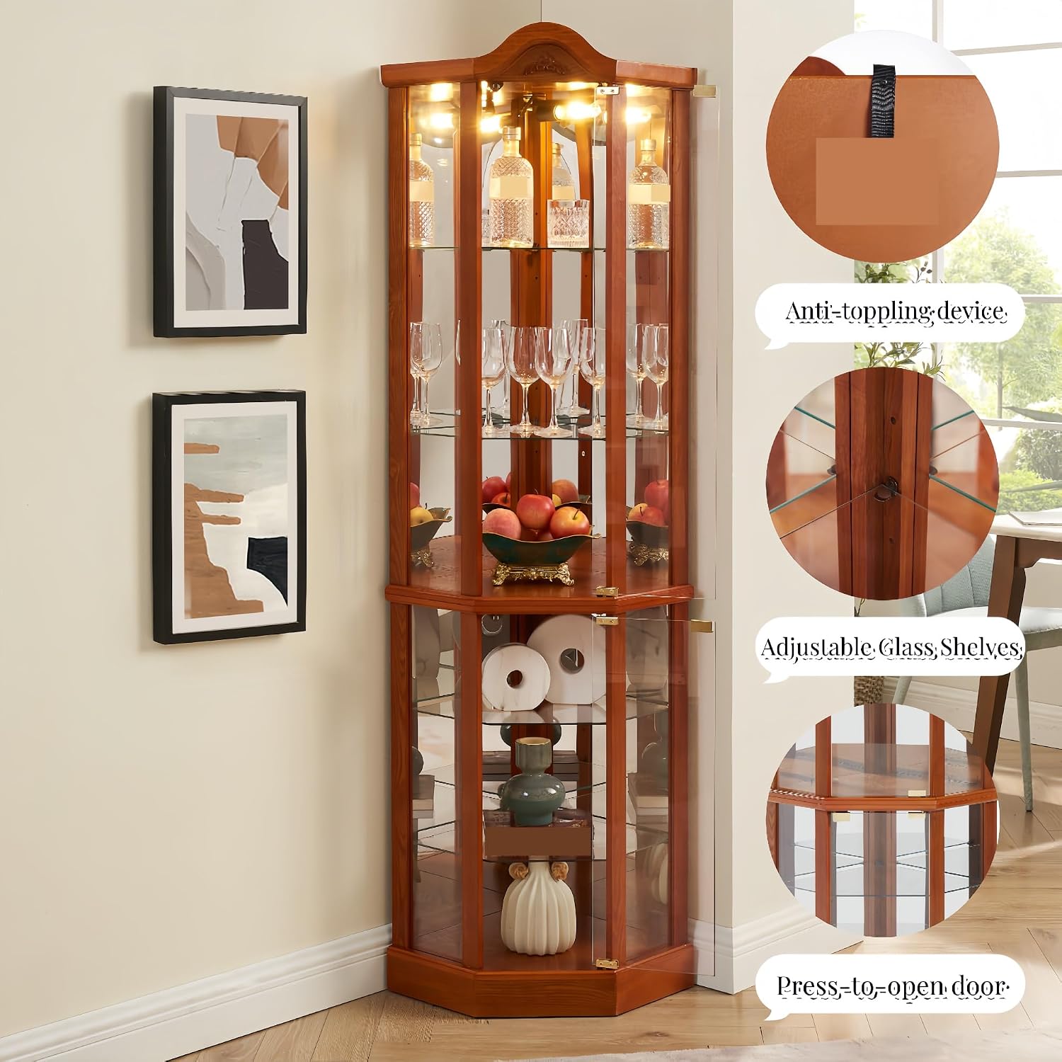 Classical Glass Cabinet Lighted, Wine Cabinet with Adjustable Glass Shelves, for Living Room Corridor,for Kitchen Home