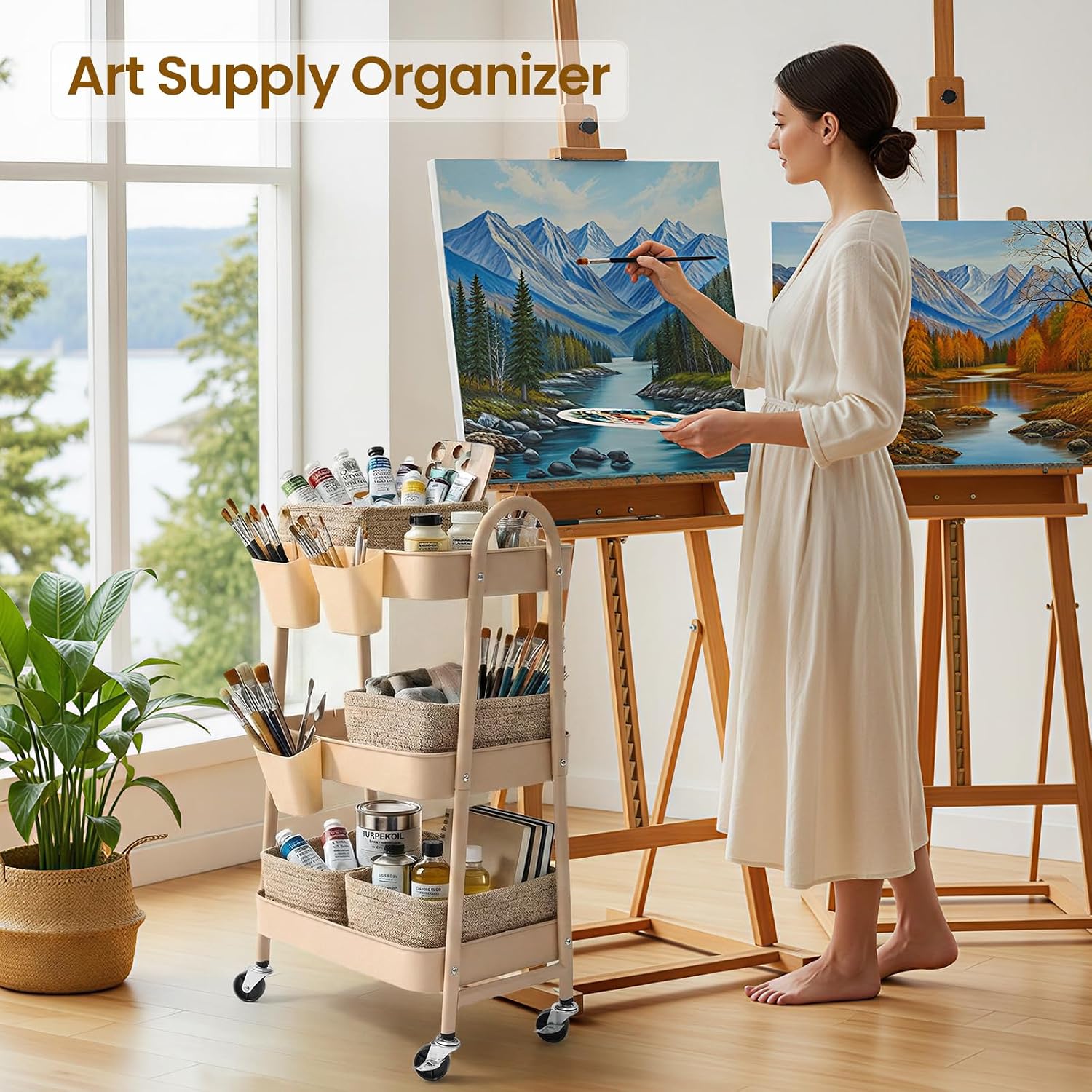 3-Tier Rolling Utility Cart with 4 Woven Baskets, Diaper Book Snack Cart, Storage Organizer for Nursery, Kitchen, Craft Room, Home SPA, Living Room, Metal Frame Trolley on Lockable Wheels, Brown